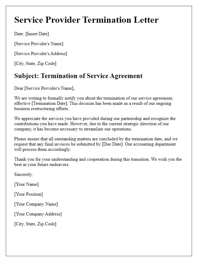 Letter template of service provider termination related to business restructuring