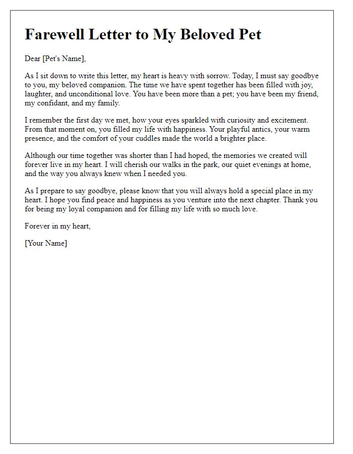 Letter template of emotional departure for a pet.