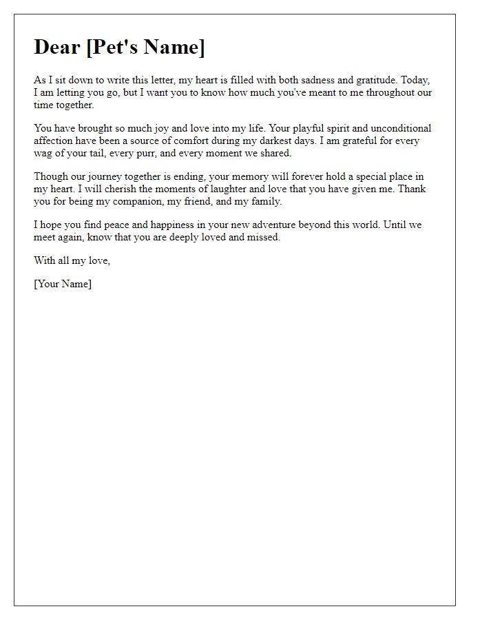 Letter template of letting go of a pet with gratitude.