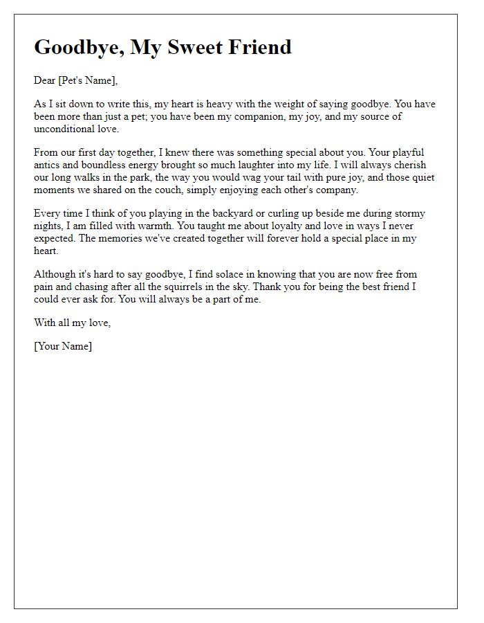 Letter template of saying goodbye to a pet with lasting memories.