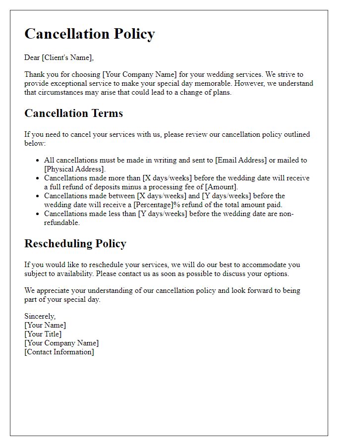 Letter template of wedding service provider cancellation policy.