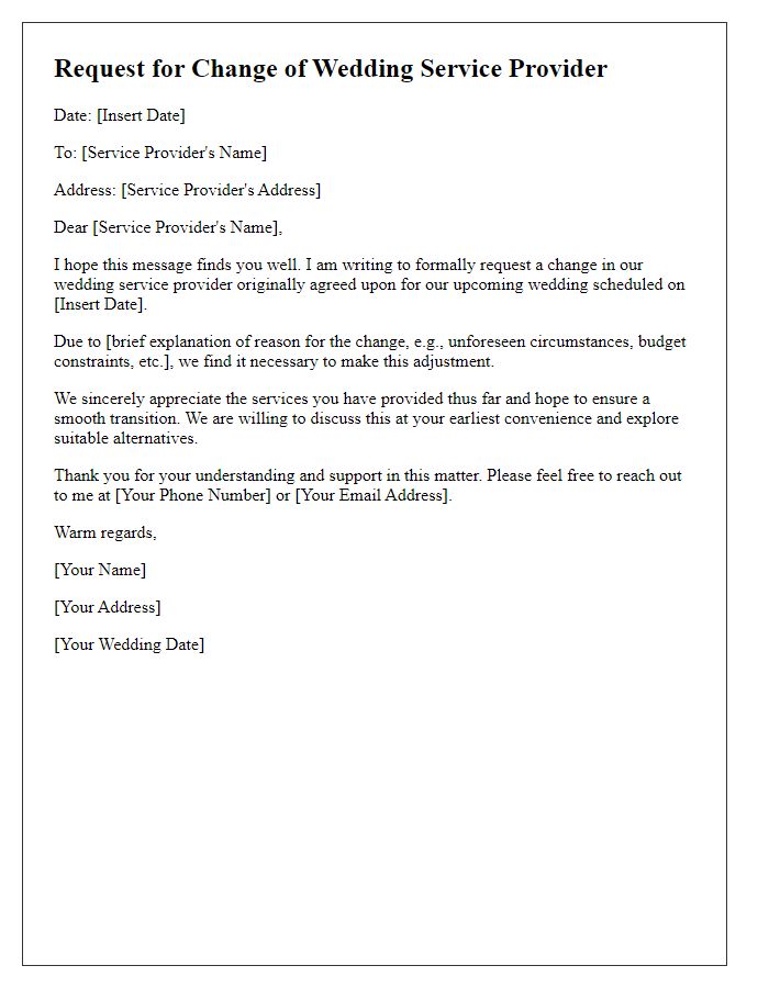 Letter template of wedding service provider change request.