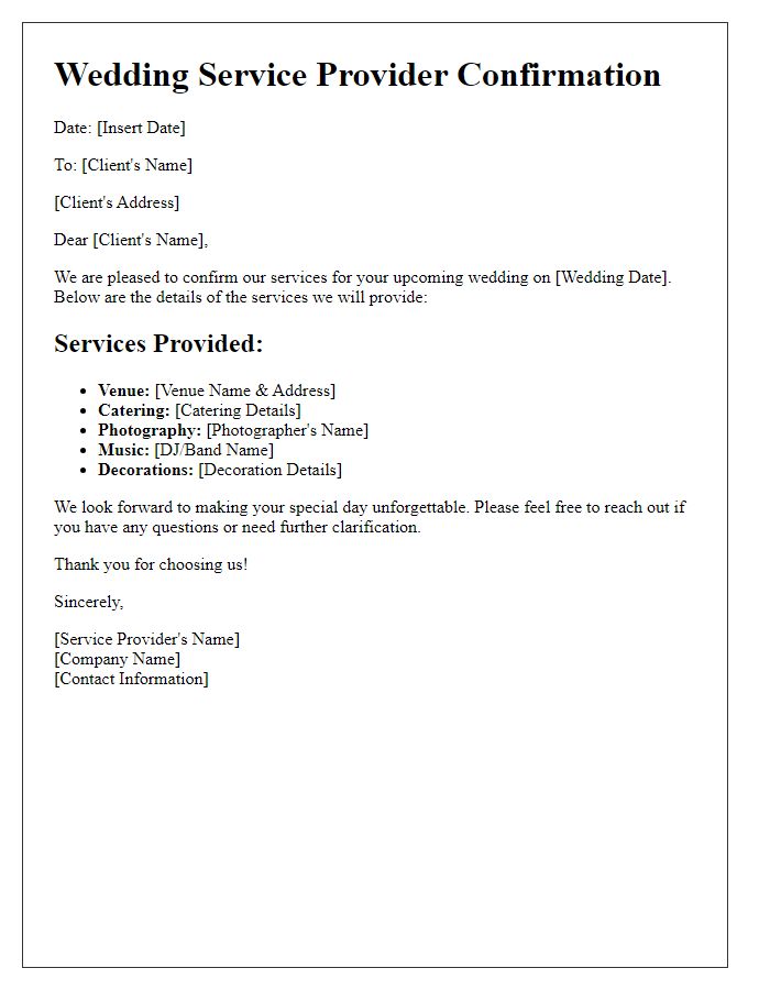 Letter template of wedding service provider confirmation of services.