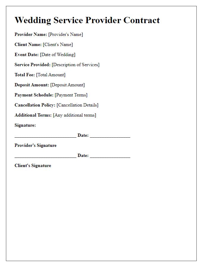 Letter template of wedding service provider contract details.