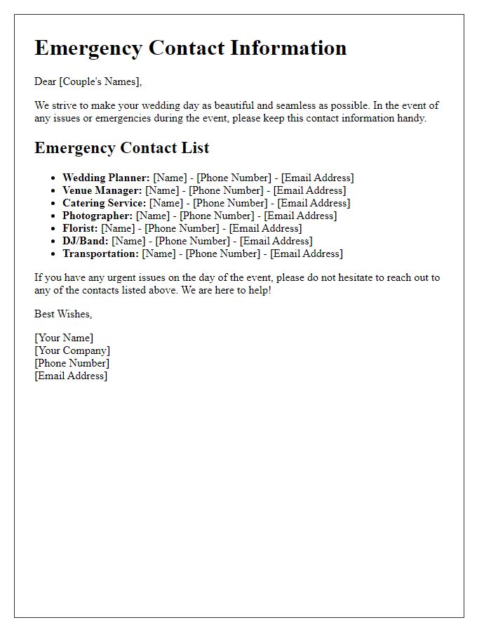 Letter template of wedding service provider emergency contact information.