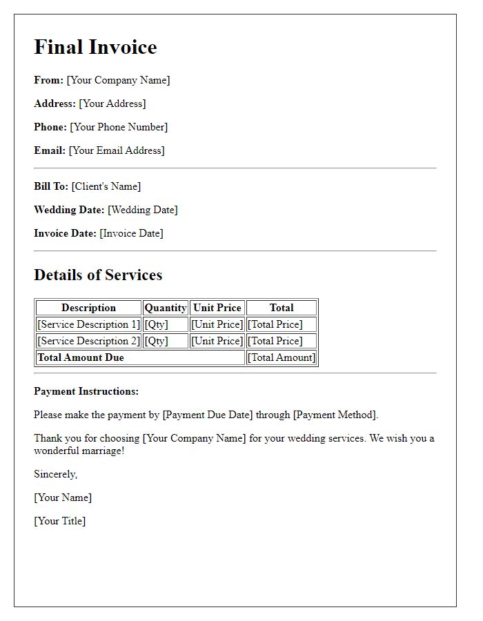 Letter template of wedding service provider final invoice.