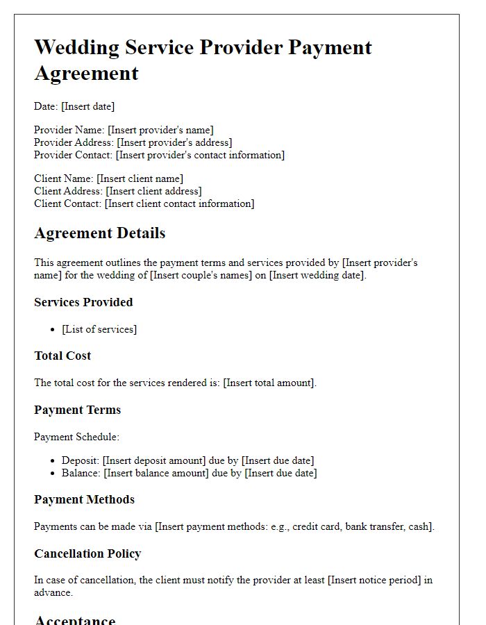 Letter template of wedding service provider payment agreement.