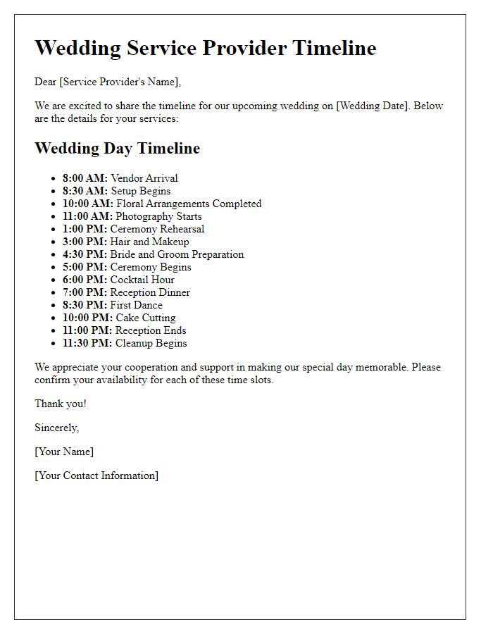 Letter template of wedding service provider timeline for services.