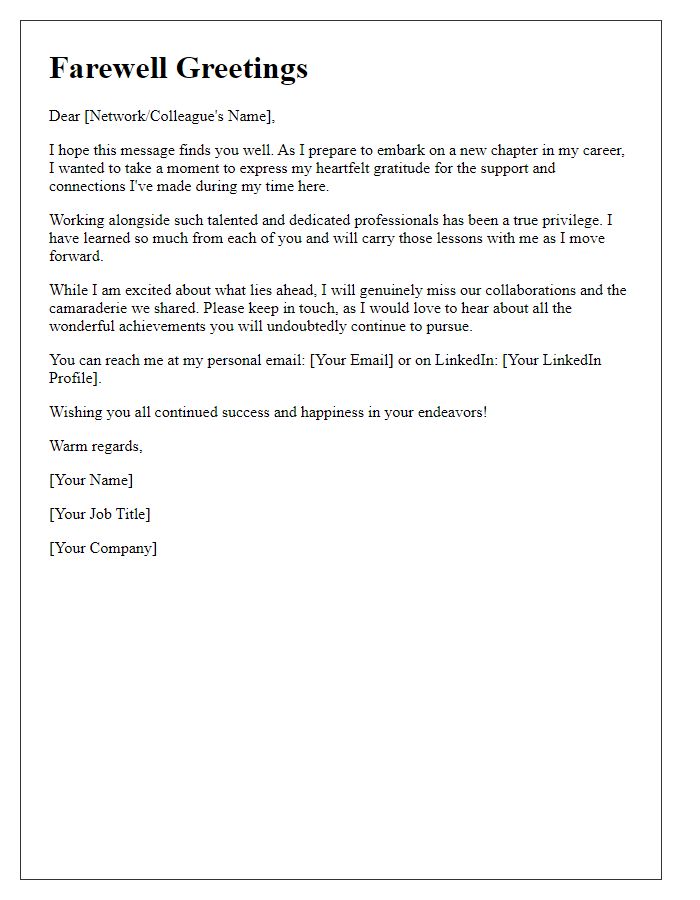 Letter template of farewell greetings to professional network