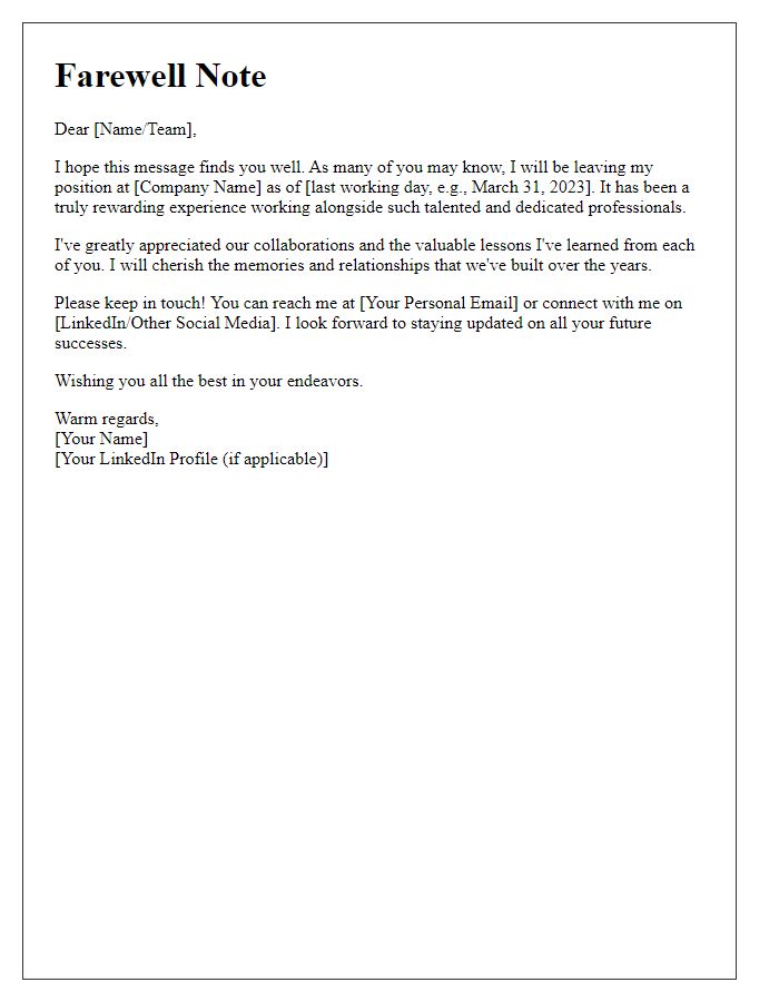 Letter template of farewell note to professional connections