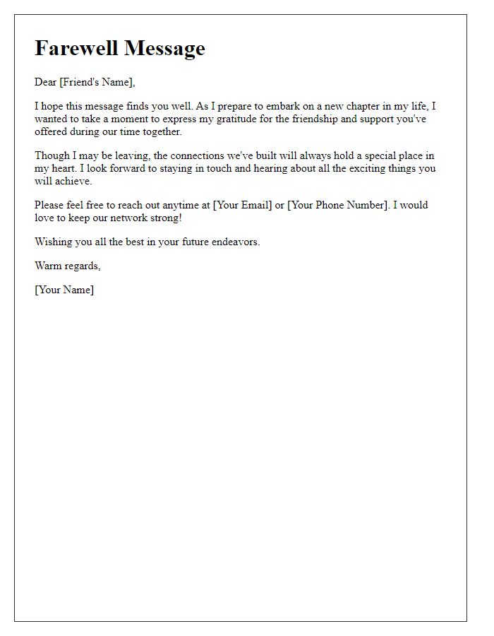 Letter template of leaving message for networking friends