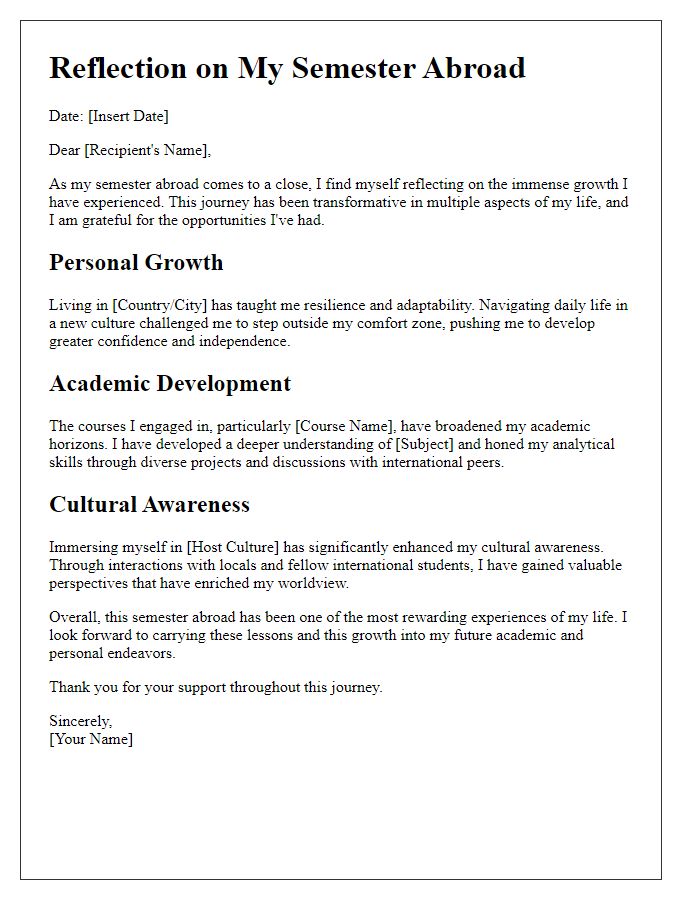 Letter template of reflection on growth during semester abroad