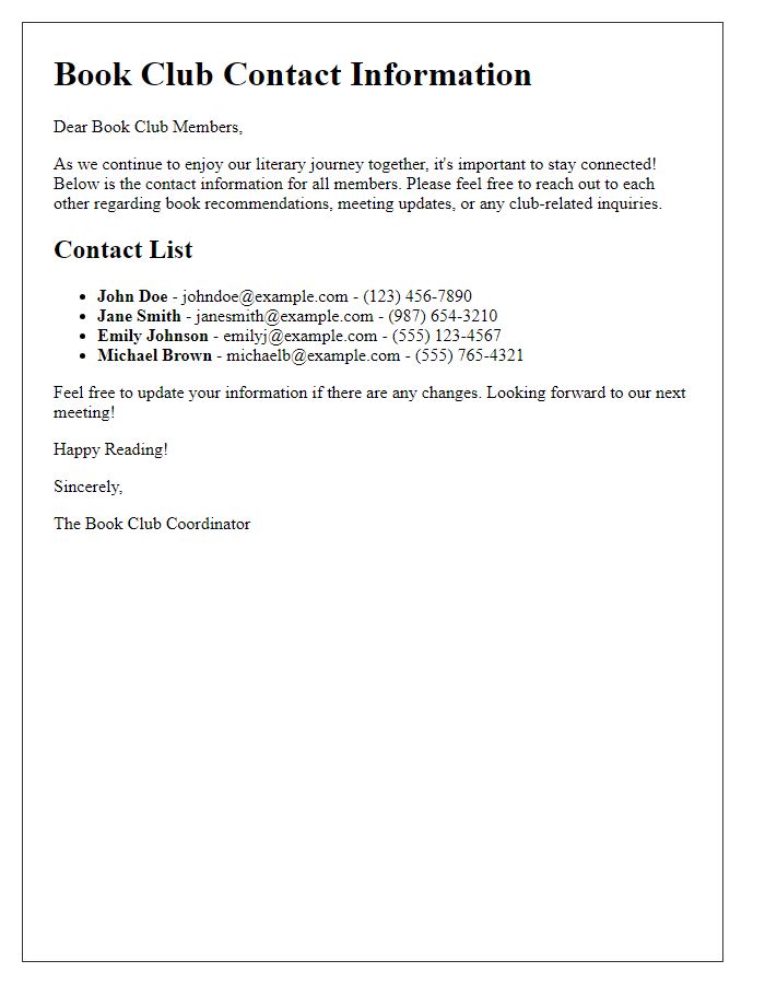 Letter template of book club sharing contact information