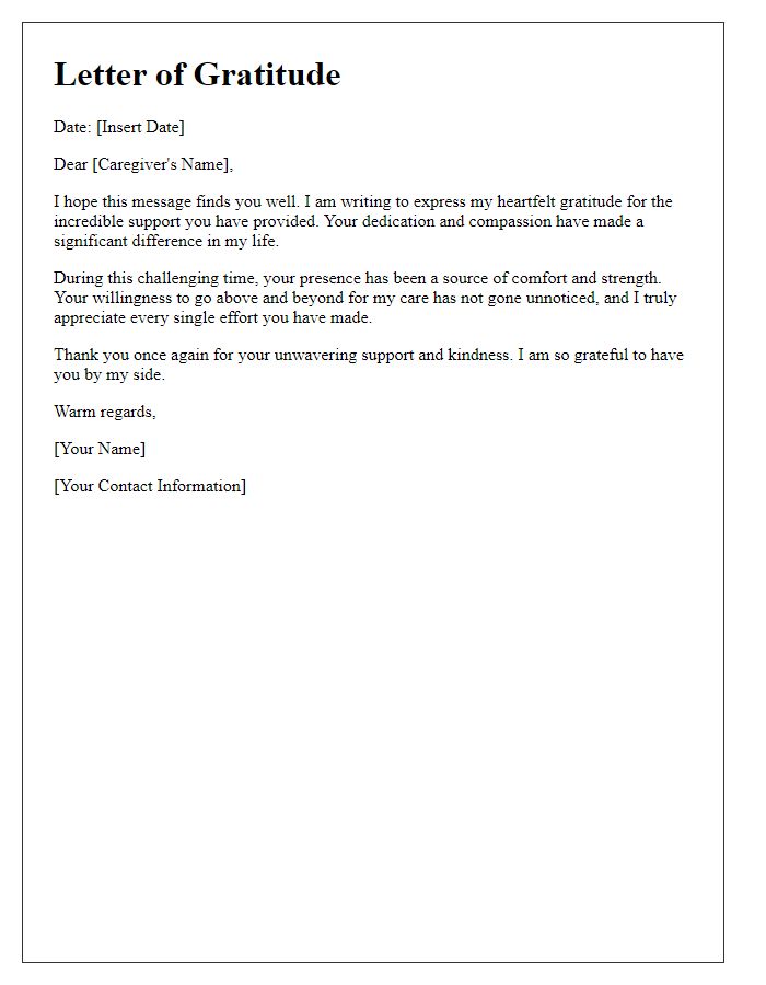 Letter template of gratitude for caregiver's support