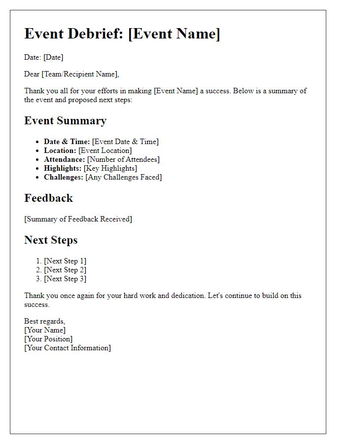 Letter template of event debrief and next steps