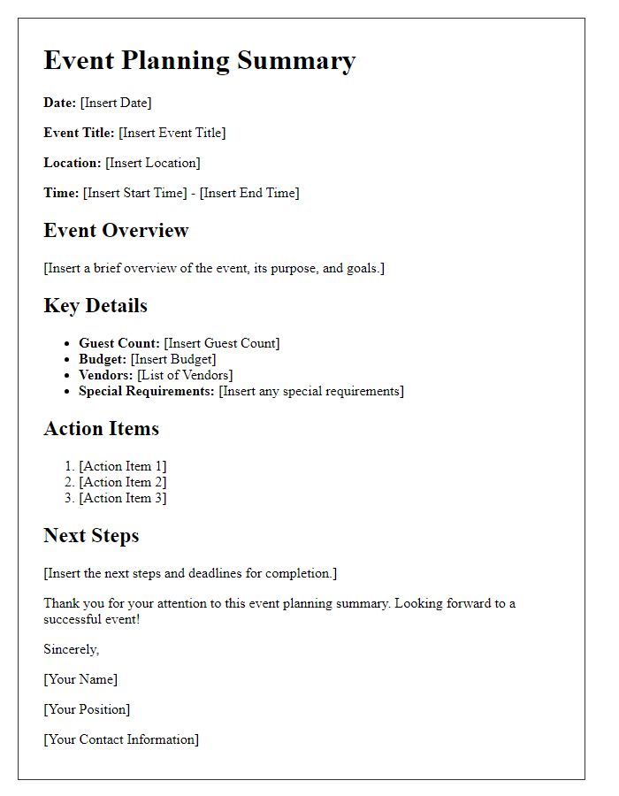 Letter template of event planning summary