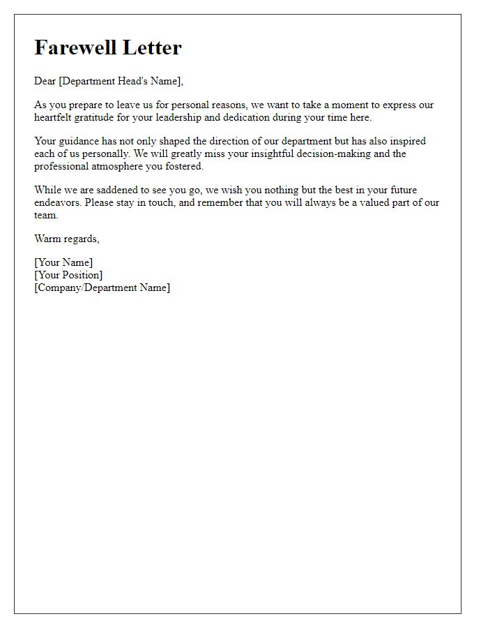 Letter template of farewell for a department head leaving for personal reasons