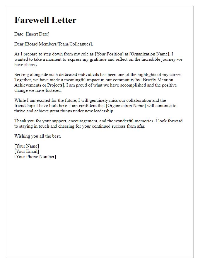 Letter template of farewell for a leadership position in non-profit organization