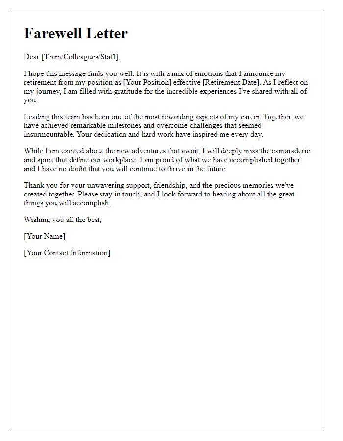 Letter template of farewell for a leadership role announcing retirement