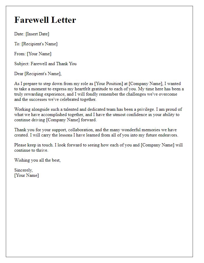 Letter template of farewell for a leadership role in a corporate setting