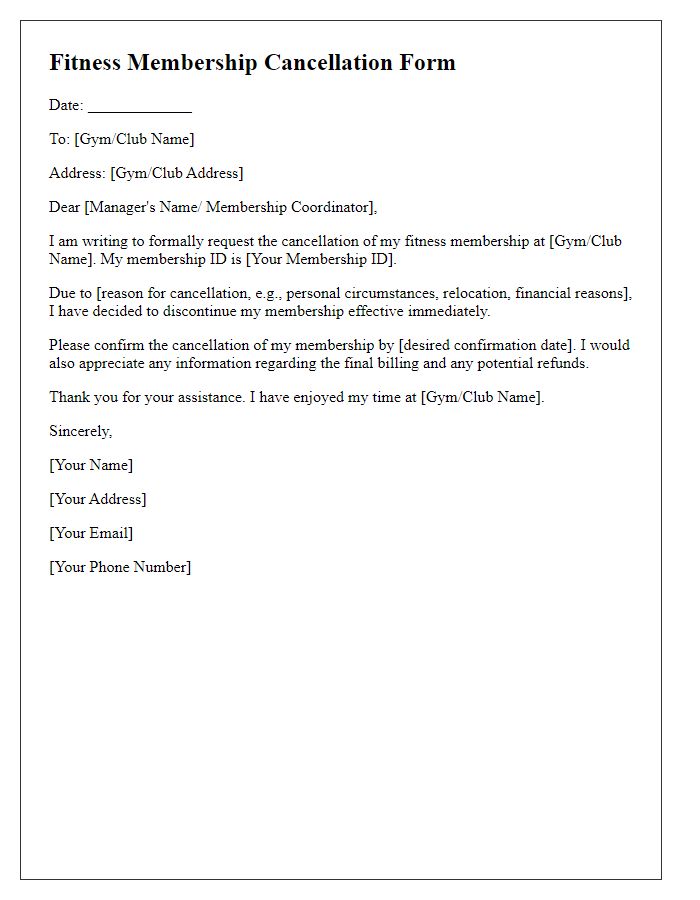 Letter template of fitness membership cancellation form