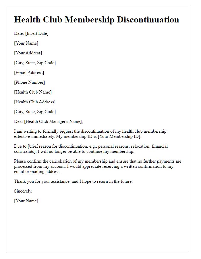 Letter template of health club membership discontinuation