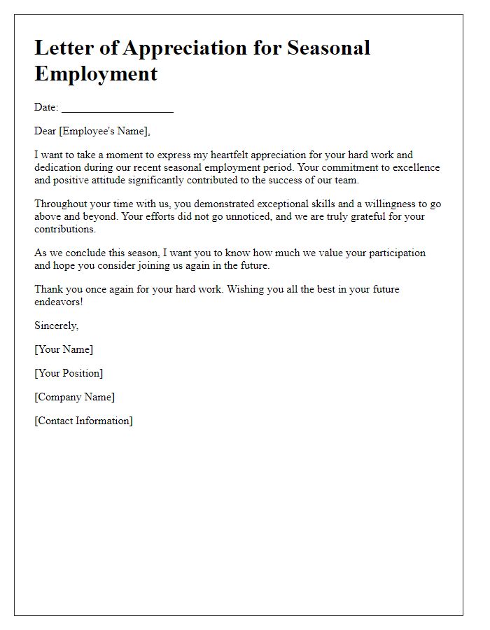 Letter template of appreciation for seasonal employment conclusion