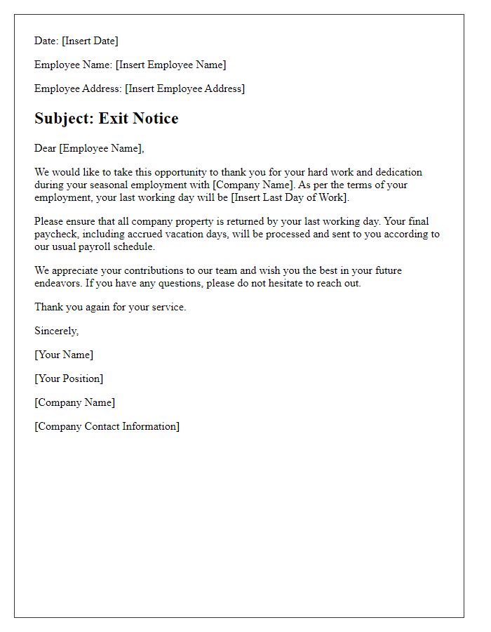 Letter template of exit notice for seasonal employees