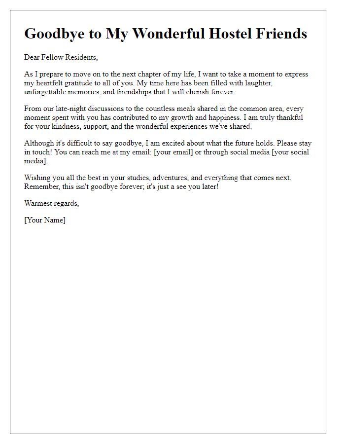 Letter template of goodbye letter to fellow hostel residents