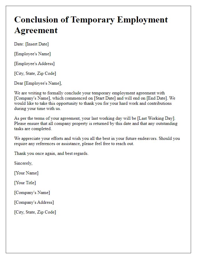 Letter template of conclusion of temporary employment agreement