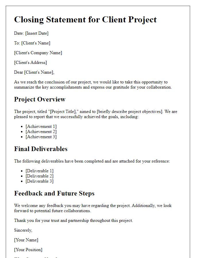 Letter template of closing statement for client project