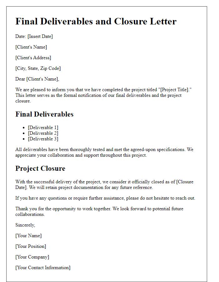 Letter template of final deliverables and closure for clients