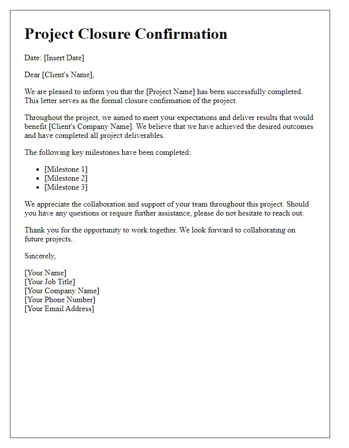 Letter template of project closure confirmation for clients