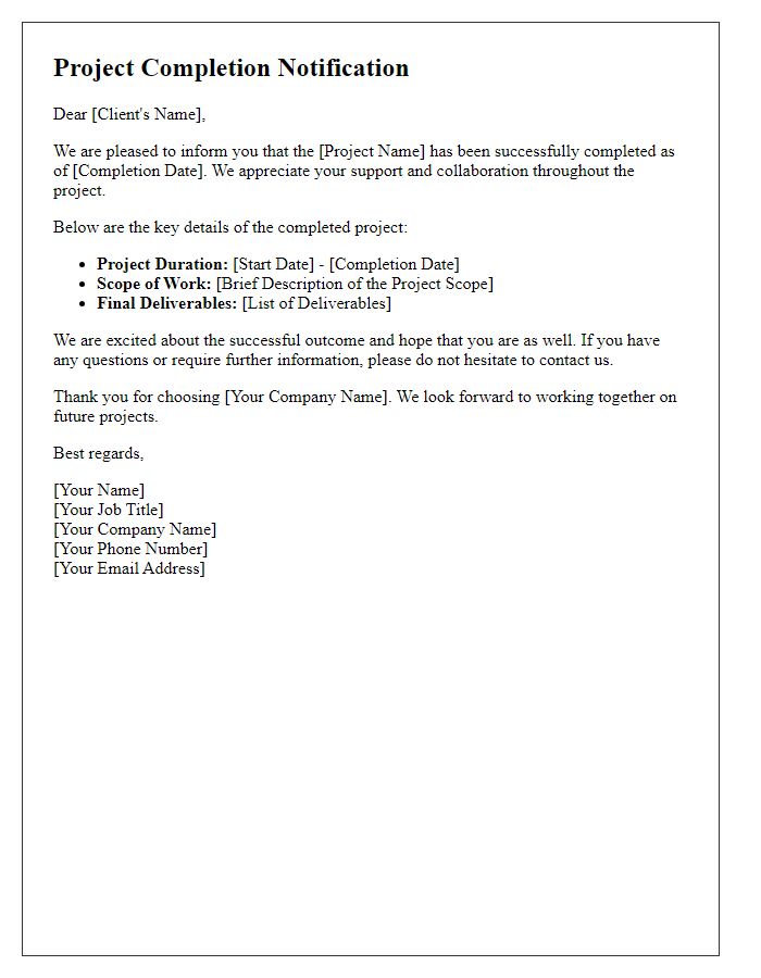 Letter template of project completion notification for clients