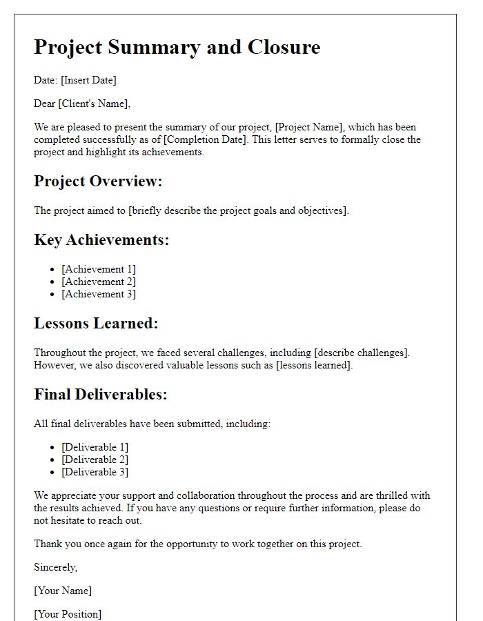 Letter template of project summary and closure for clients