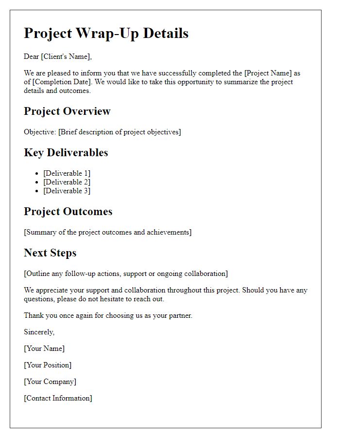 Letter template of project wrap-up details for clients