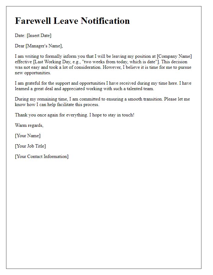 Letter template of farewell leave notification