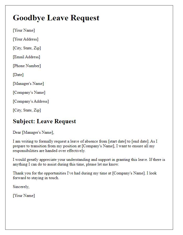 Letter template of goodbye leave request