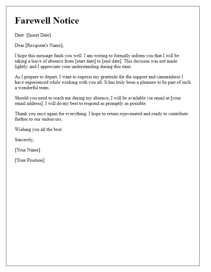 Letter template of leave of absence farewell notice