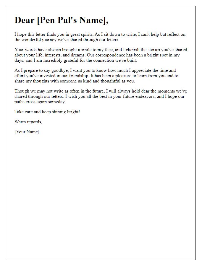 Letter template of appreciative goodbye to a pen pal