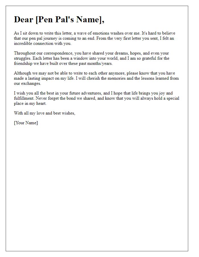 Letter template of emotional farewell to a pen pal