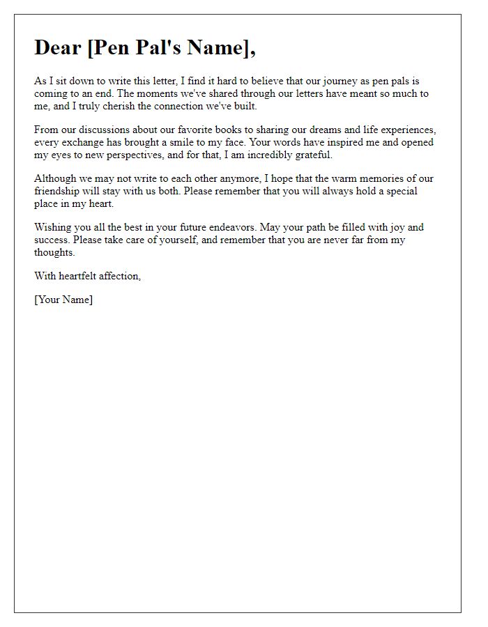 Letter template of heartfelt farewell to a pen pal