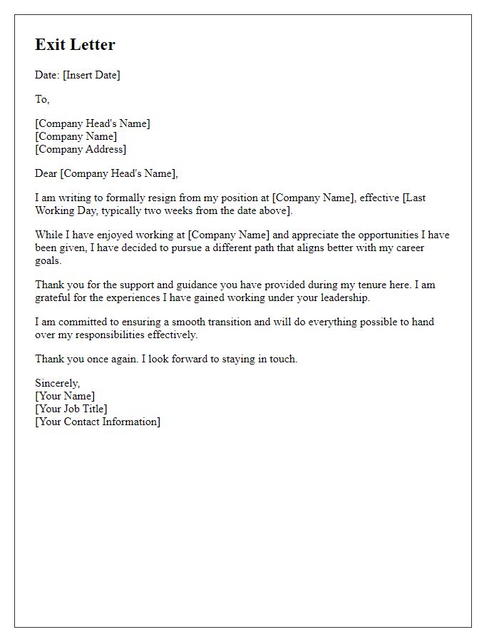 Letter template of exit letter to company head