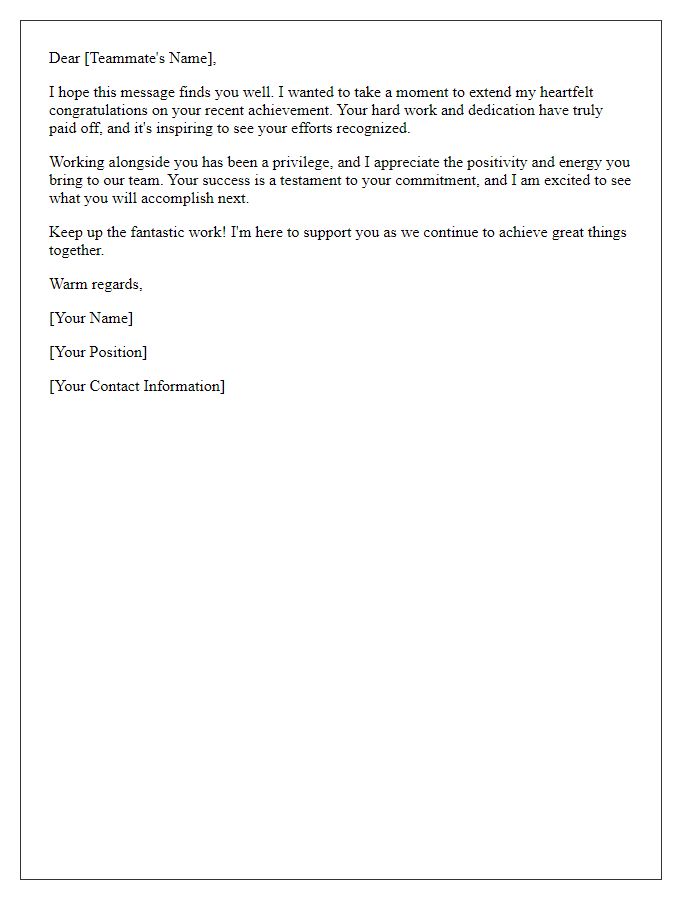 Letter template of congratulatory support for a teammate