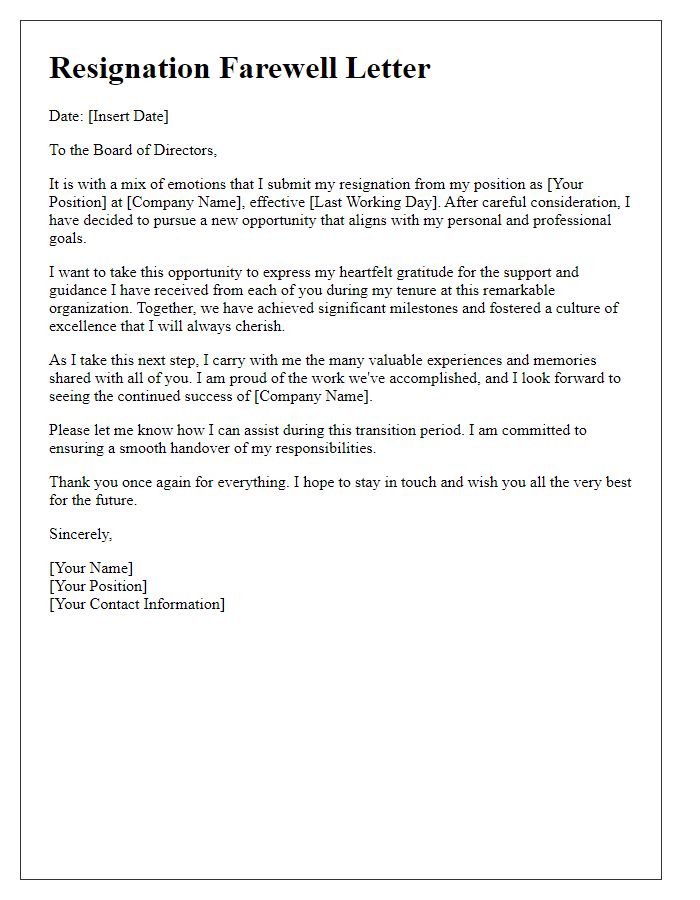 Letter template of executive resignation farewell to the board