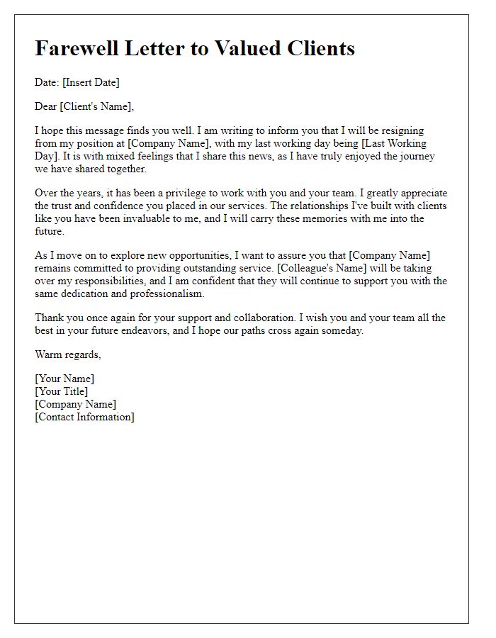 Letter template of executive resignation farewell to clients