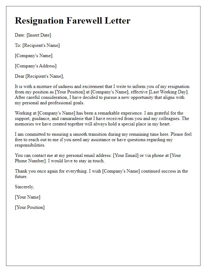 Letter template of executive resignation farewell with contact information