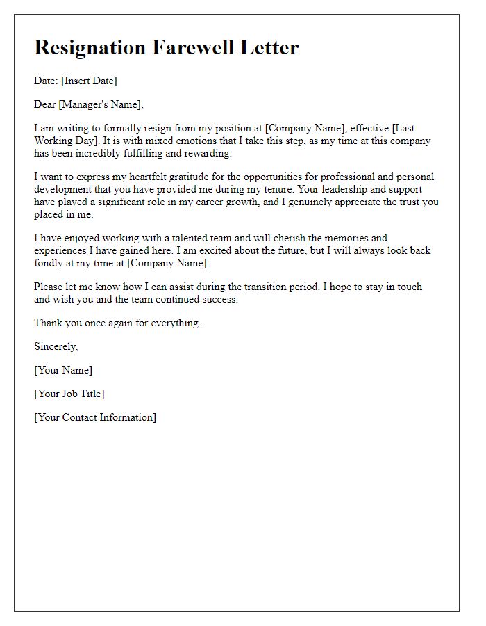 Letter template of executive resignation farewell with gratitude