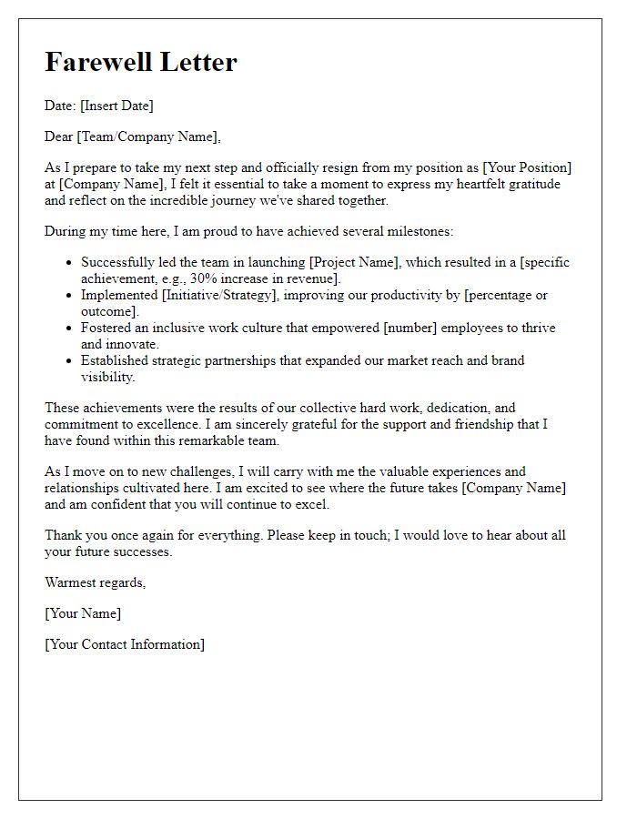 Letter template of executive resignation farewell highlighting achievements