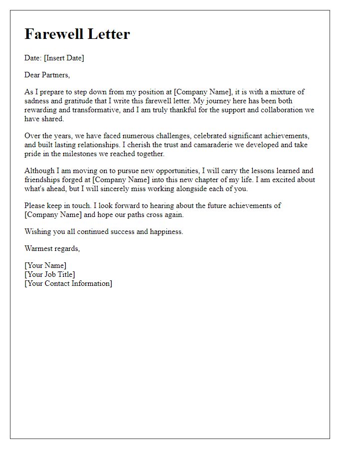 Letter template of executive resignation farewell to partners